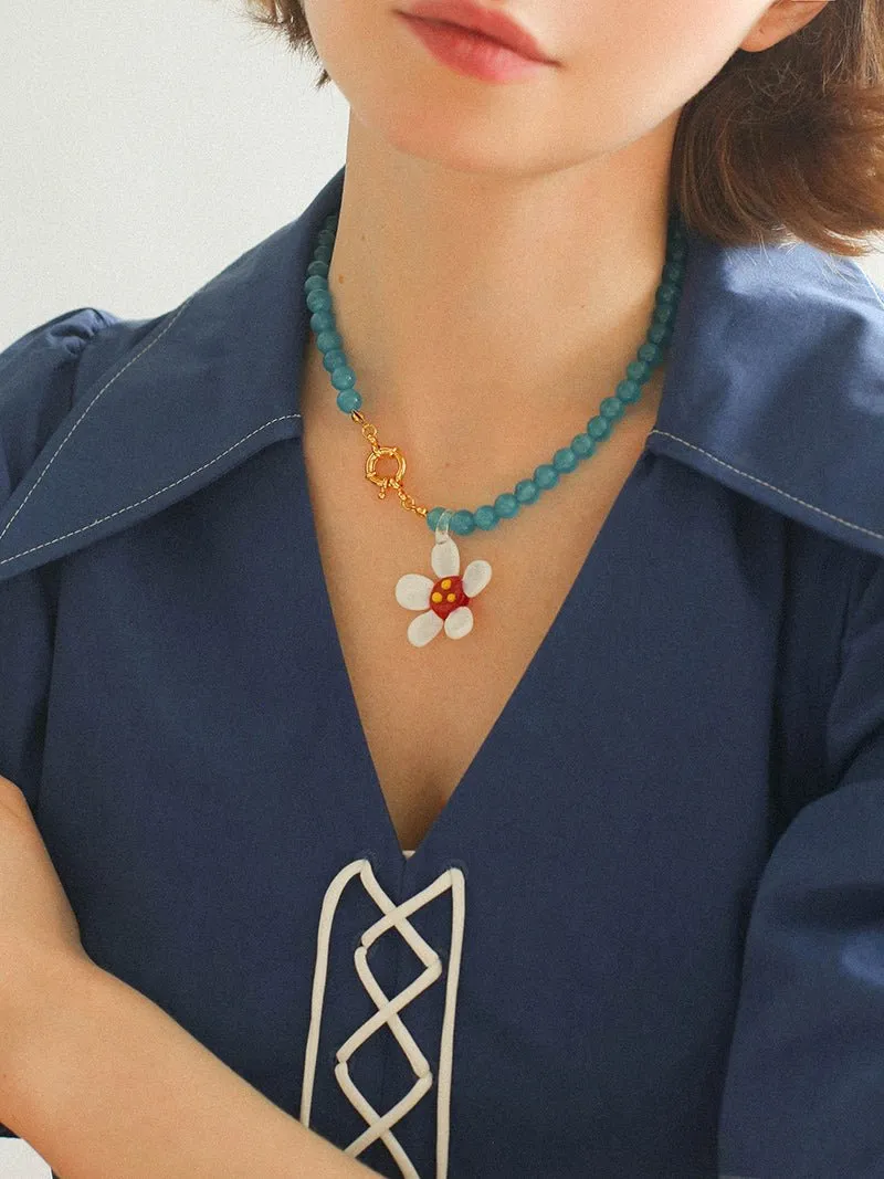 Colorful Cat's Eye Daisy Flower Beaded Necklace