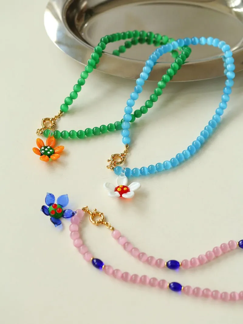 Colorful Cat's Eye Daisy Flower Beaded Necklace