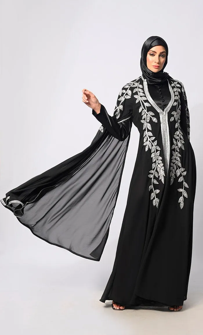 Crafted Couture: Discover Opulent Handwork Black Abaya with Batwing Sleeves - Final Sale