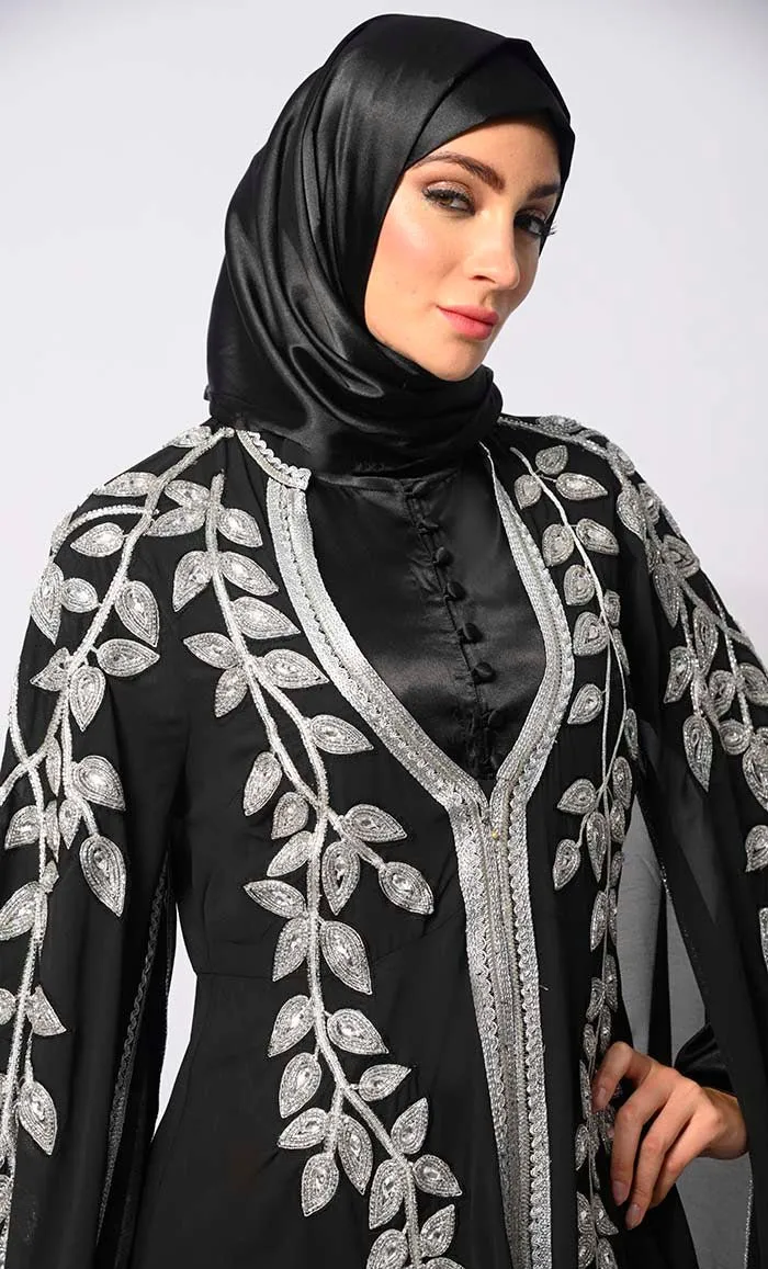 Crafted Couture: Discover Opulent Handwork Black Abaya with Batwing Sleeves