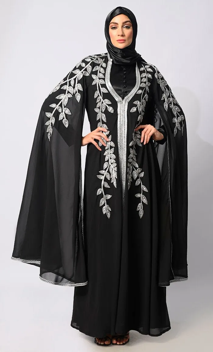 Crafted Couture: Discover Opulent Handwork Black Abaya with Batwing Sleeves