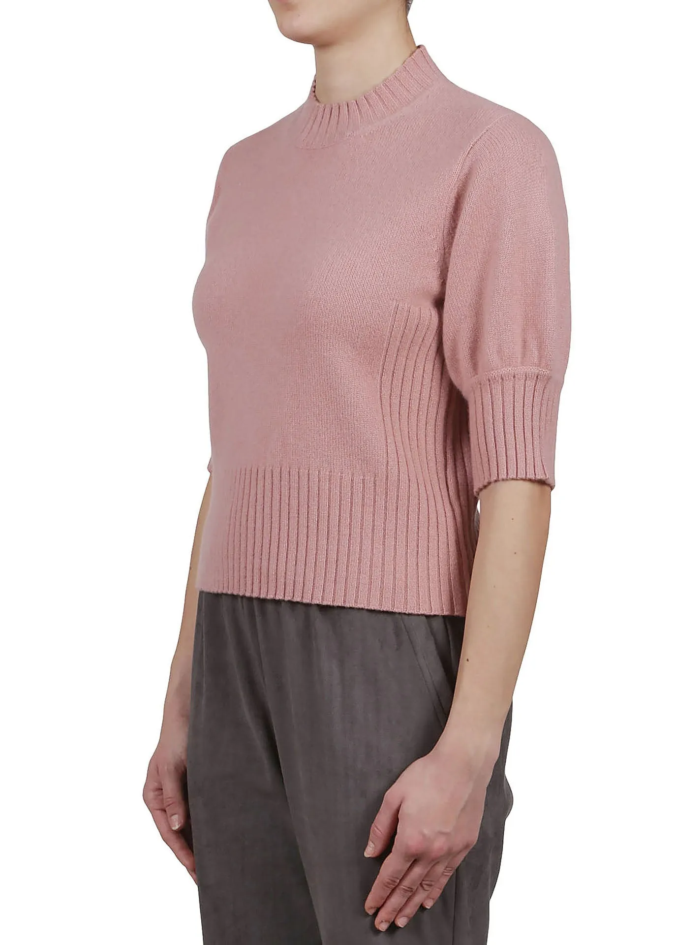 Crew Neck Cashmere Sweater Elbow Length Sleeves - Cream