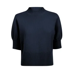 Crew Neck Cashmere Sweater Elbow Length Sleeves - Navy