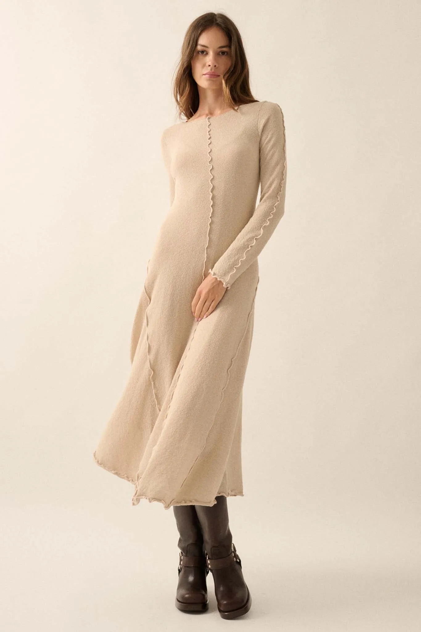 Earth Mother Textured Knit Exposed-Seam Midi Dress