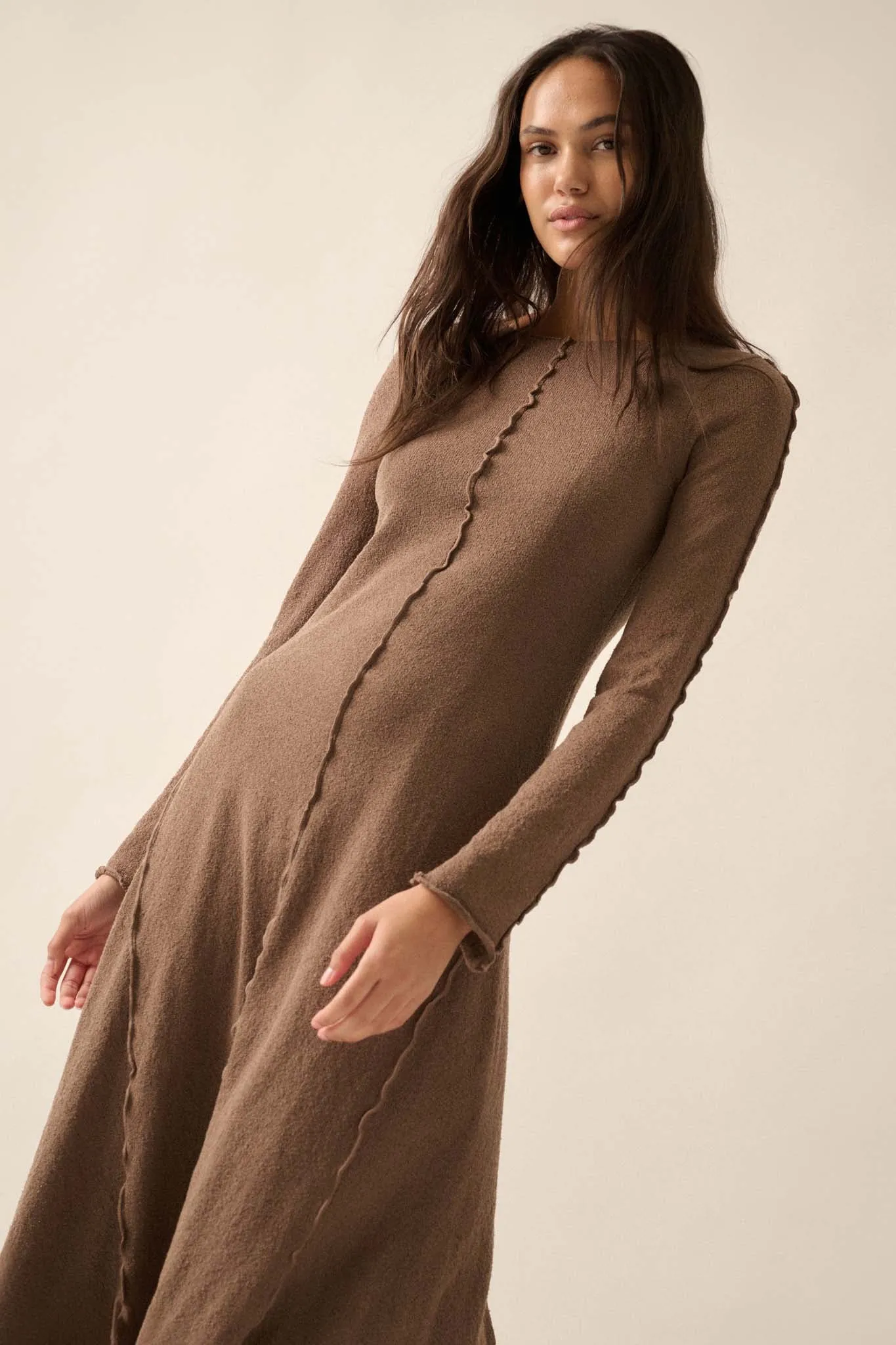 Earth Mother Textured Knit Exposed-Seam Midi Dress