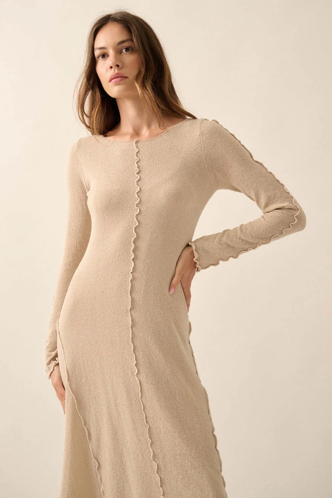 Earth Mother Textured Knit Exposed-Seam Midi Dress