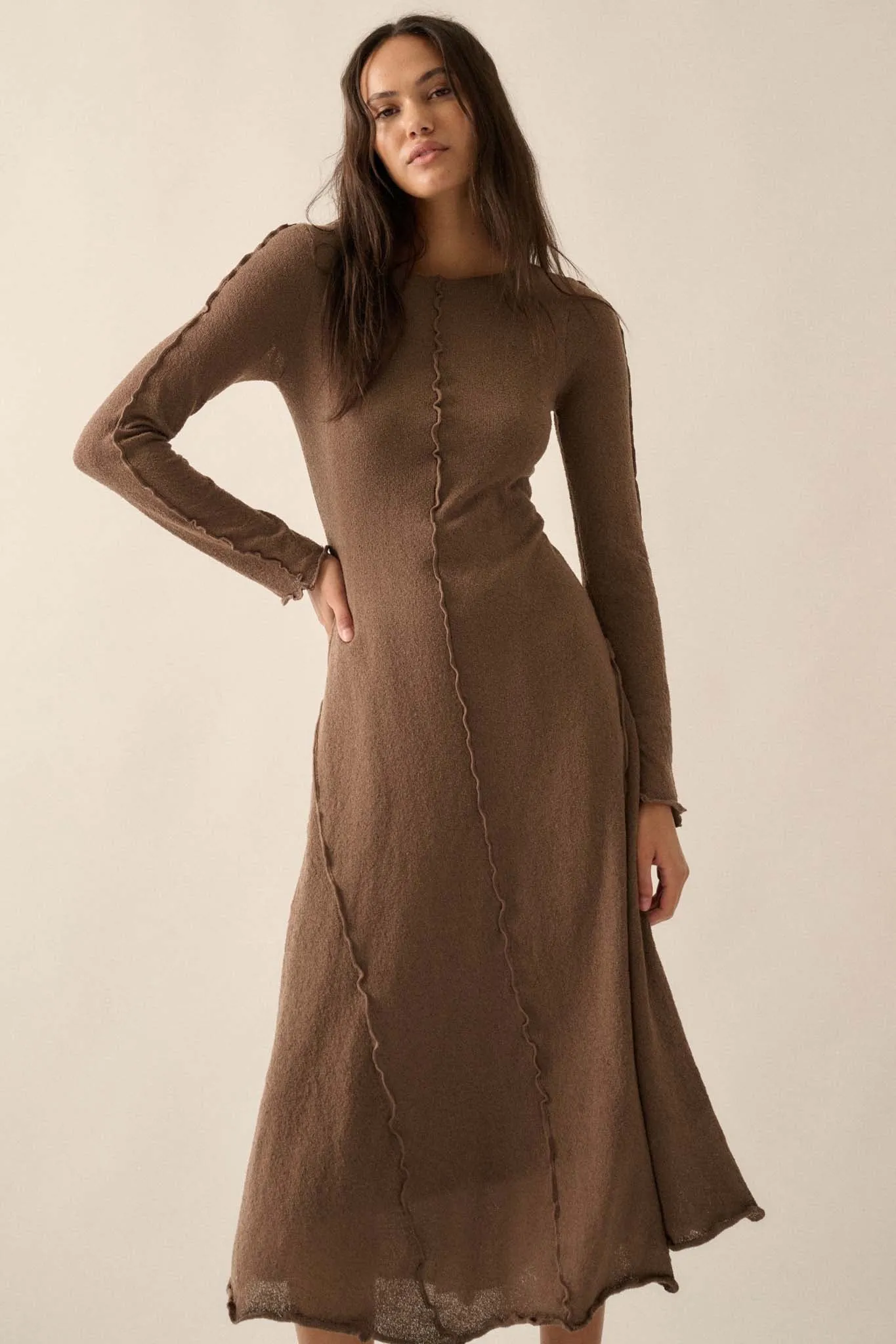 Earth Mother Textured Knit Exposed-Seam Midi Dress