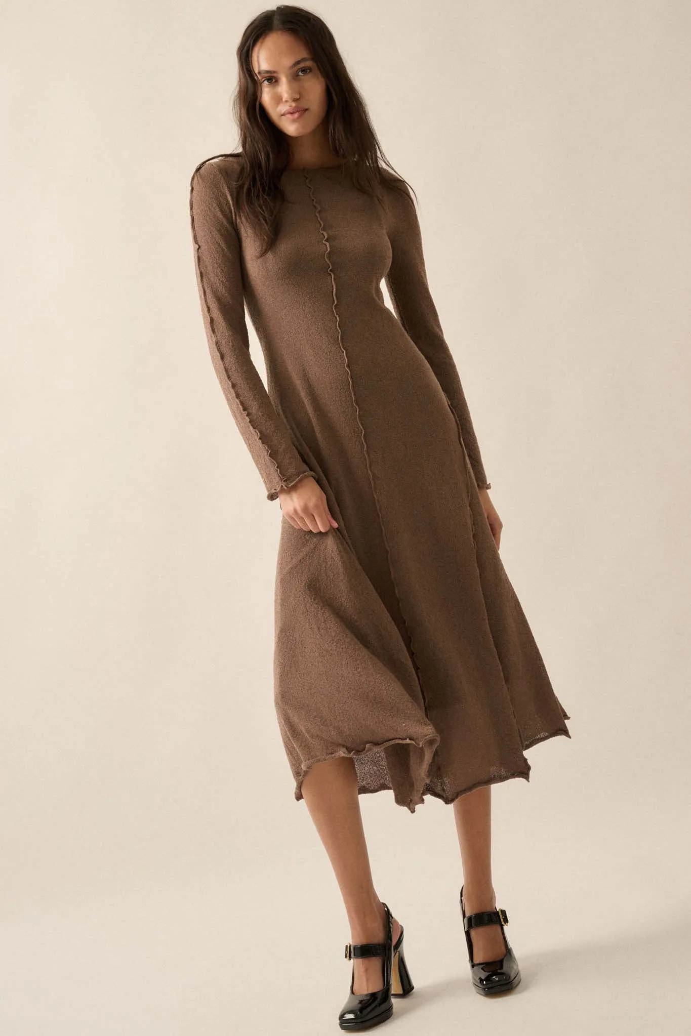 Earth Mother Textured Knit Exposed-Seam Midi Dress