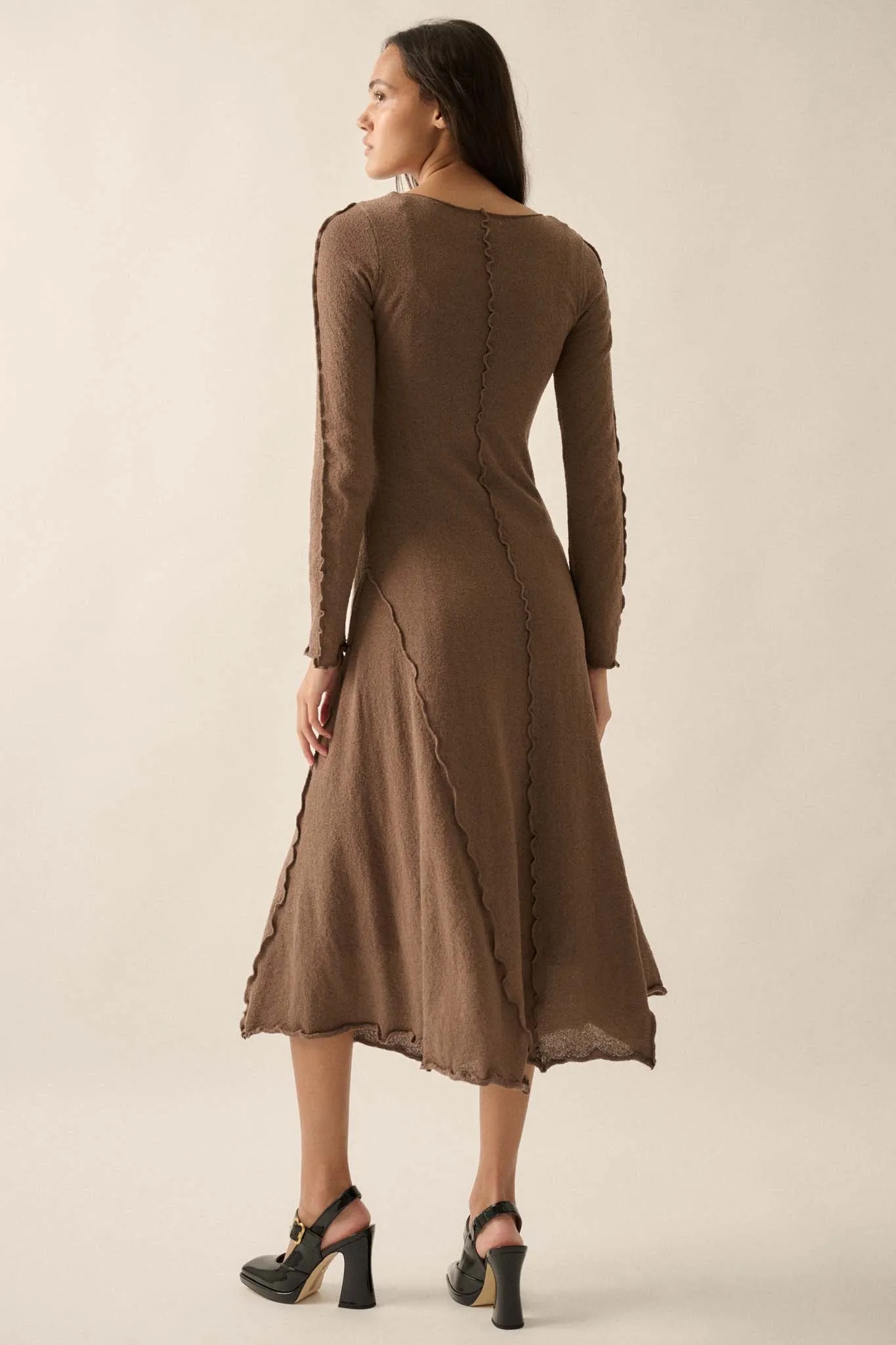 Earth Mother Textured Knit Exposed-Seam Midi Dress