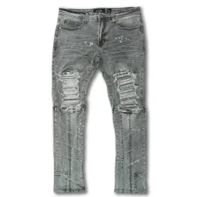 F1748A Shredded Biker Denim Jeans w/ Bottom Leg Zipper | 32-inch Inseam - Gray