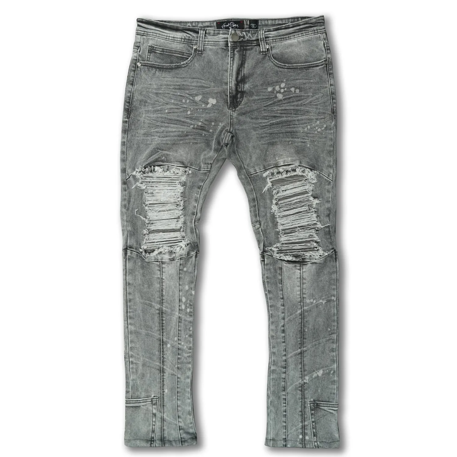 F1748A Shredded Biker Denim Jeans w/ Bottom Leg Zipper | 32-inch Inseam - Gray