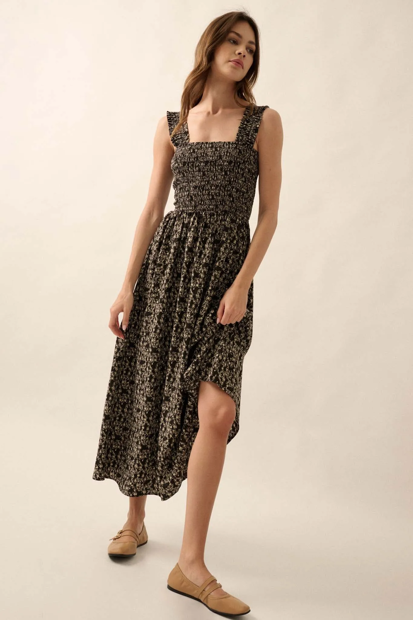 Filigree Flowers Smocked Floral Midi Dress