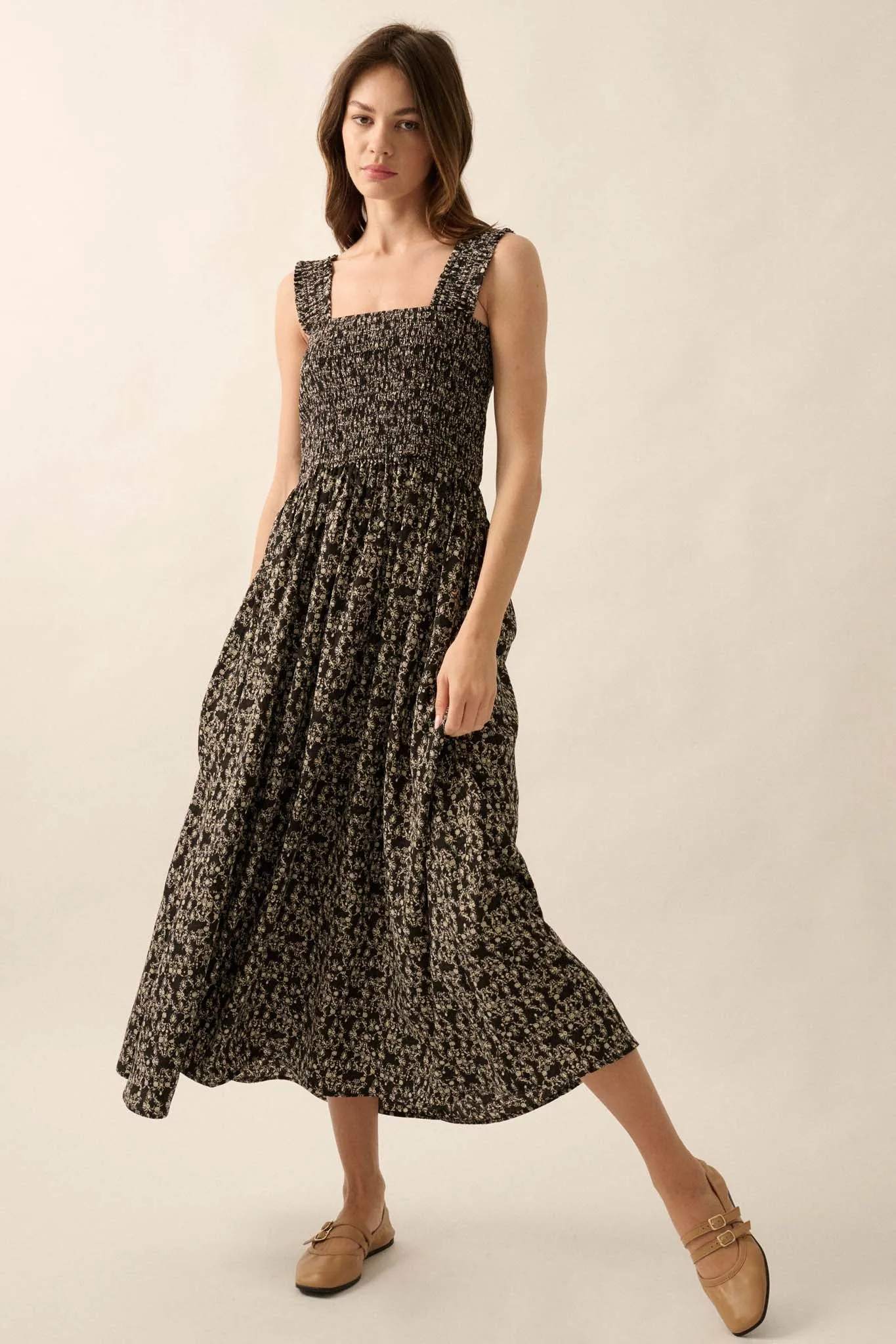 Filigree Flowers Smocked Floral Midi Dress