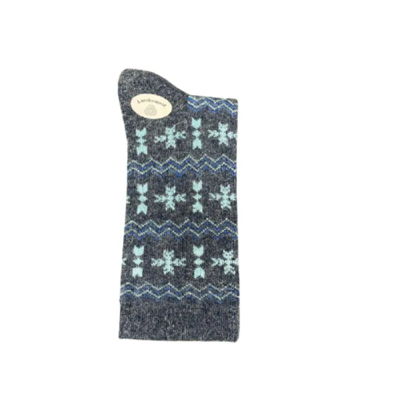 Geometrical Design Lambswool Crew, Blue, Brown Socks For Women & Girls