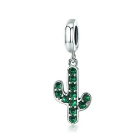 Green Cubic Zirconia Cactus Dangle Charm 925 Sterling Silver