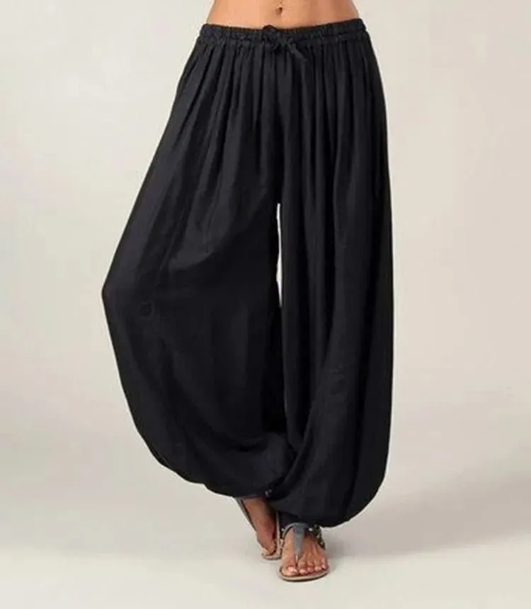 High Quality Genie Pants with Patchwork and Lace-up - Mid Waist, Solid, Loose Fit, Full Length