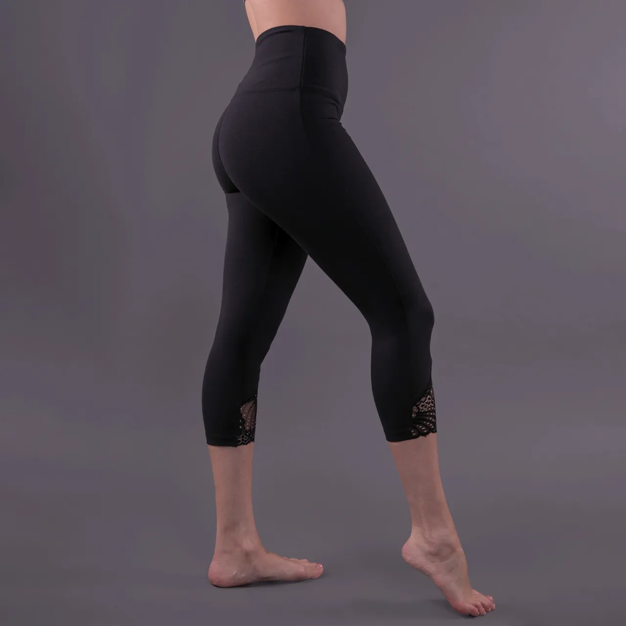 High Waist Black Scallop Lace Yoga Leggings