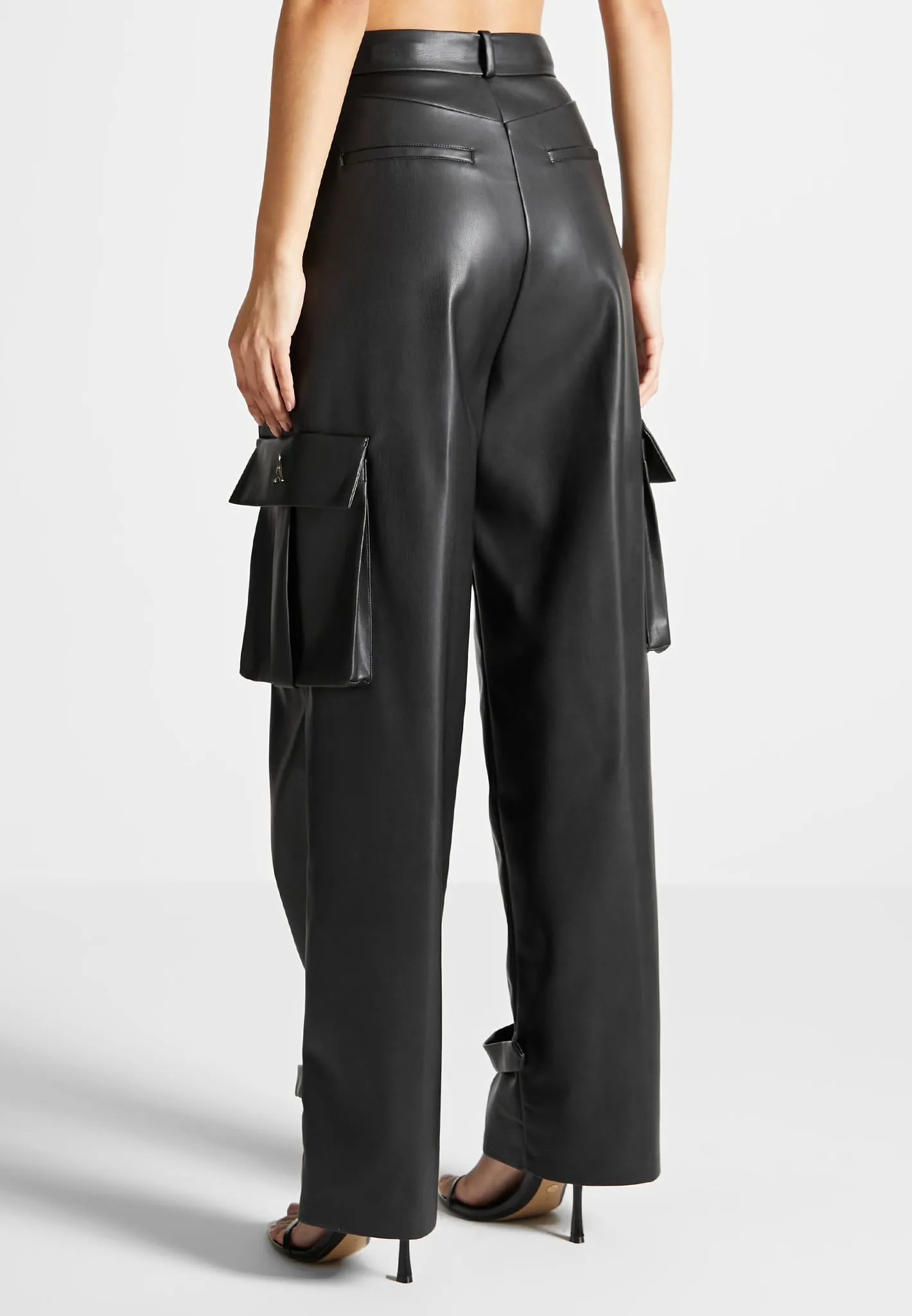 Leather Pleated Cargo Trousers - Black