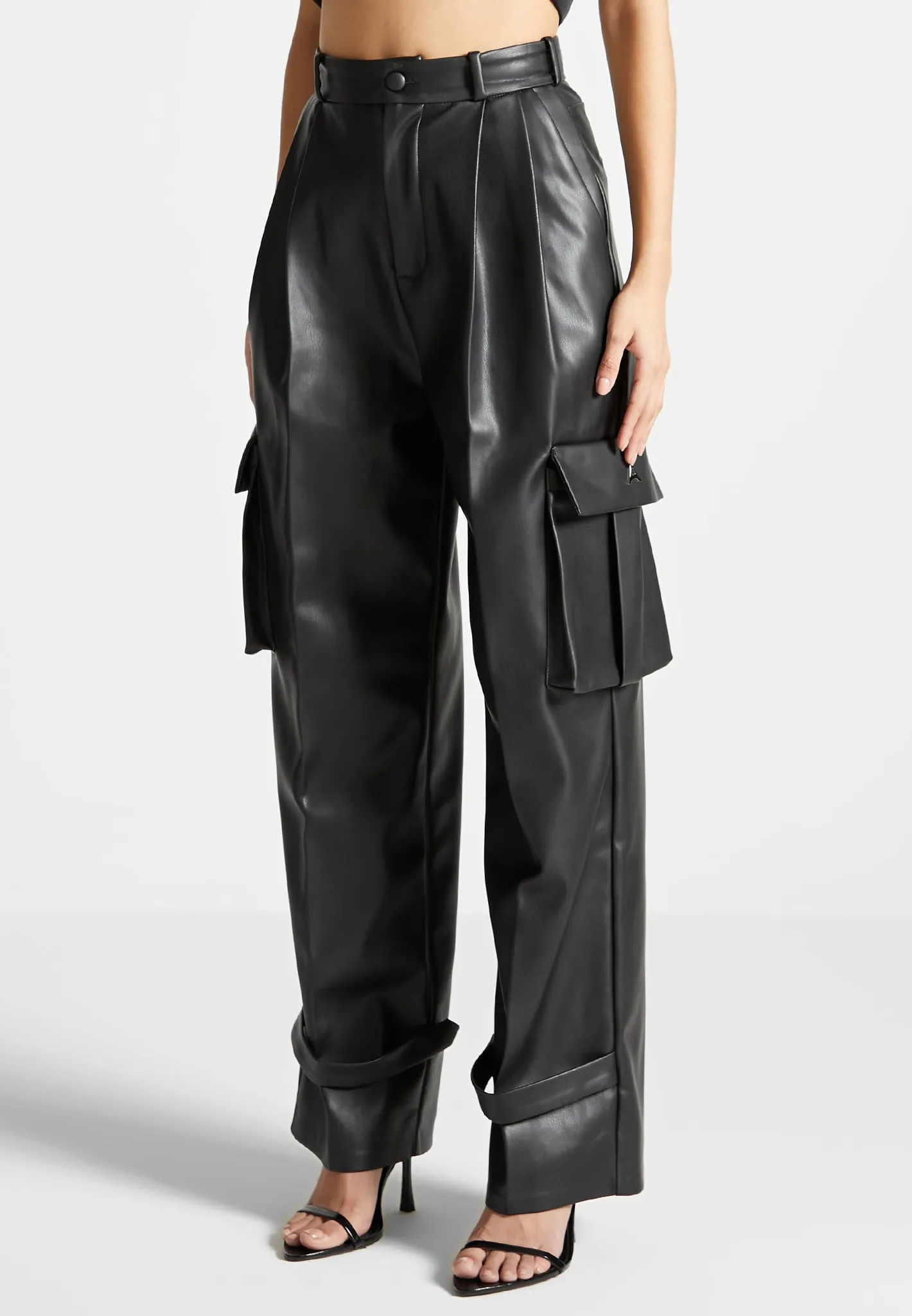 Leather Pleated Cargo Trousers - Black