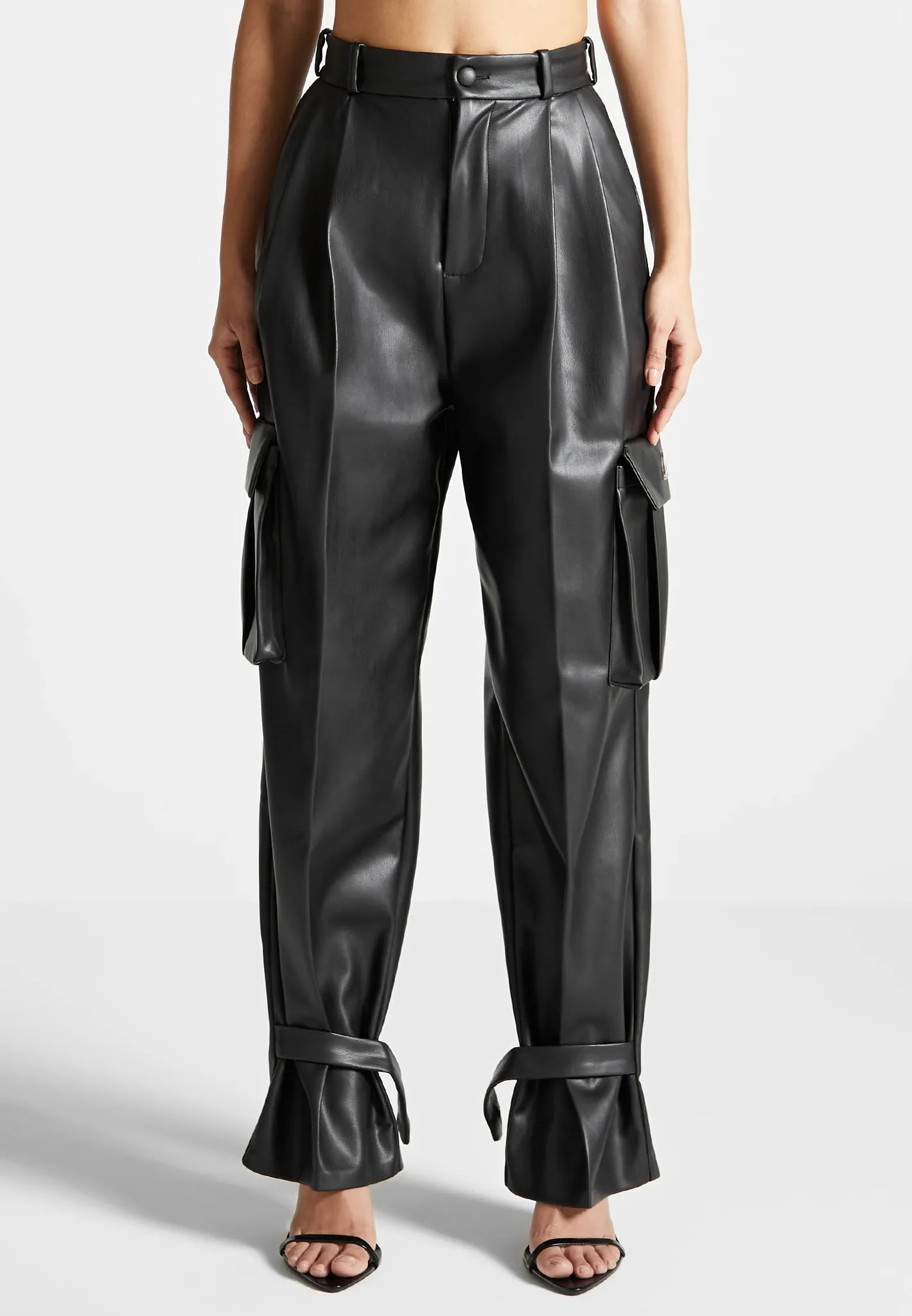 Leather Pleated Cargo Trousers - Black