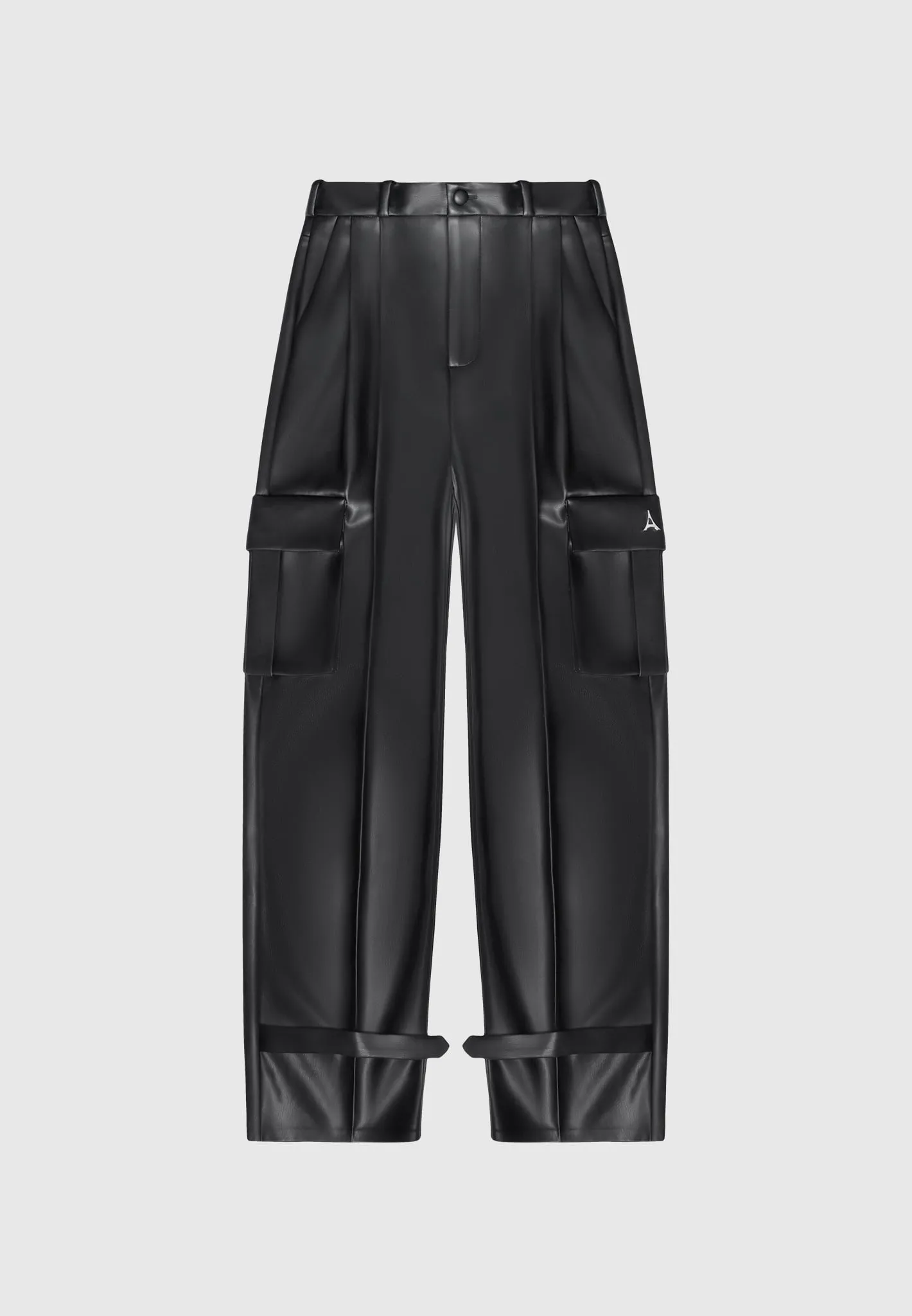 Leather Pleated Cargo Trousers - Black