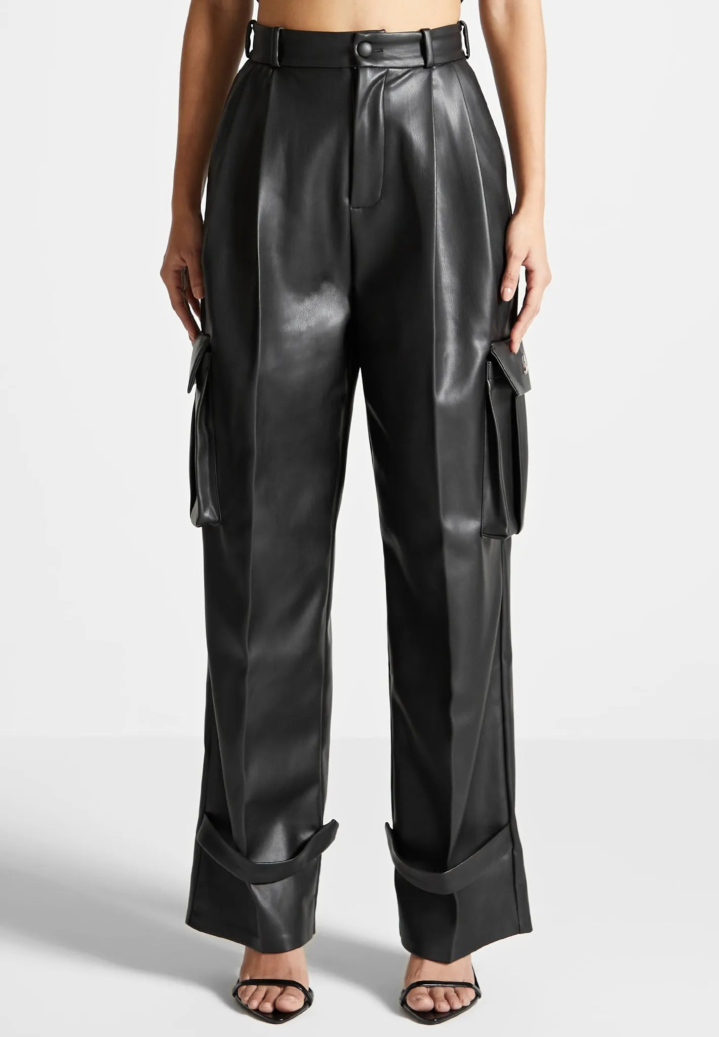 Leather Pleated Cargo Trousers - Black