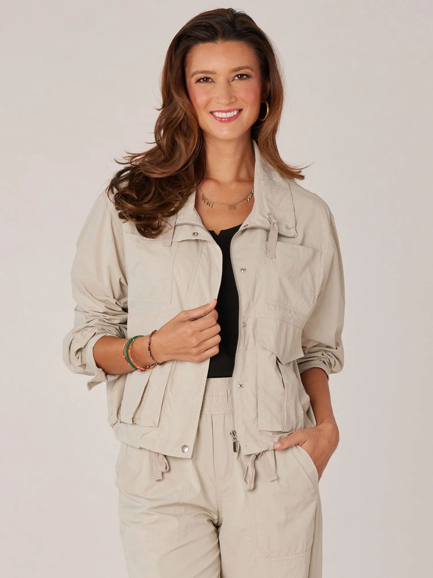 Long Sleeve Double Patch Pocket Cropped Drawstring Hem Utility Jacket