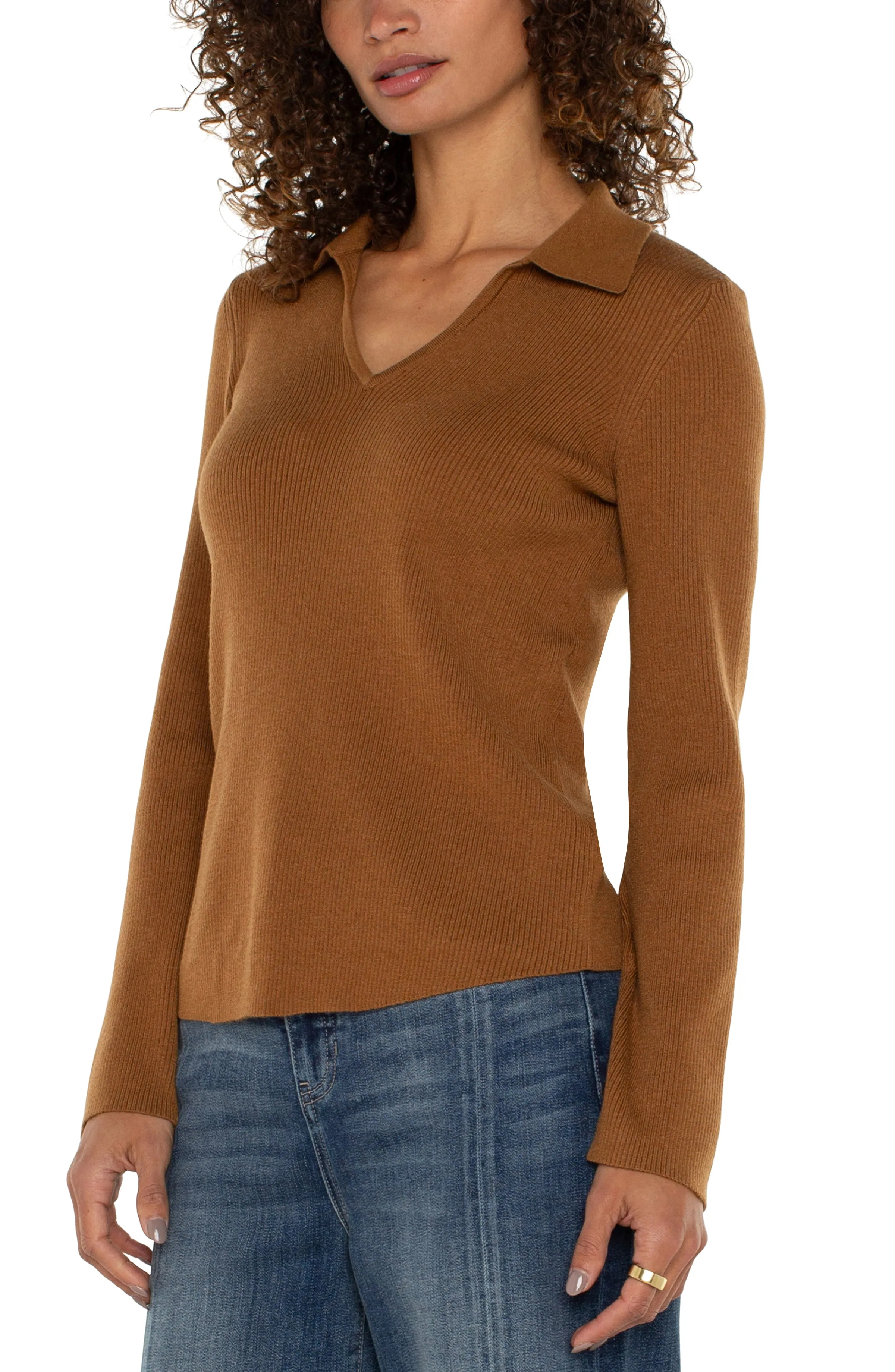 LONG SLEEVE V-NECK COLLARED SWEATER