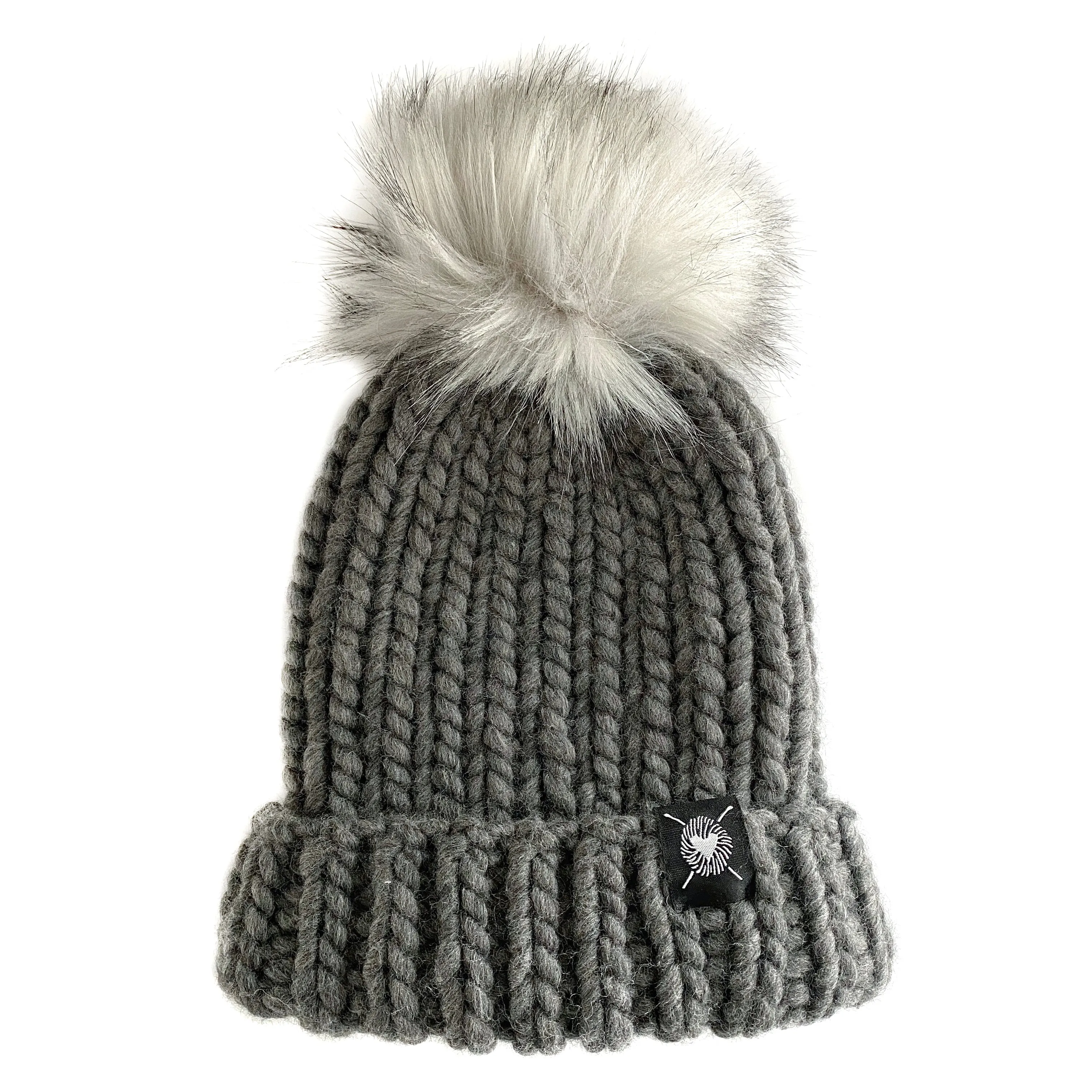 Merino Folded Brim Faux Fur Pom-Pom Beanie in Charcoal   Fox