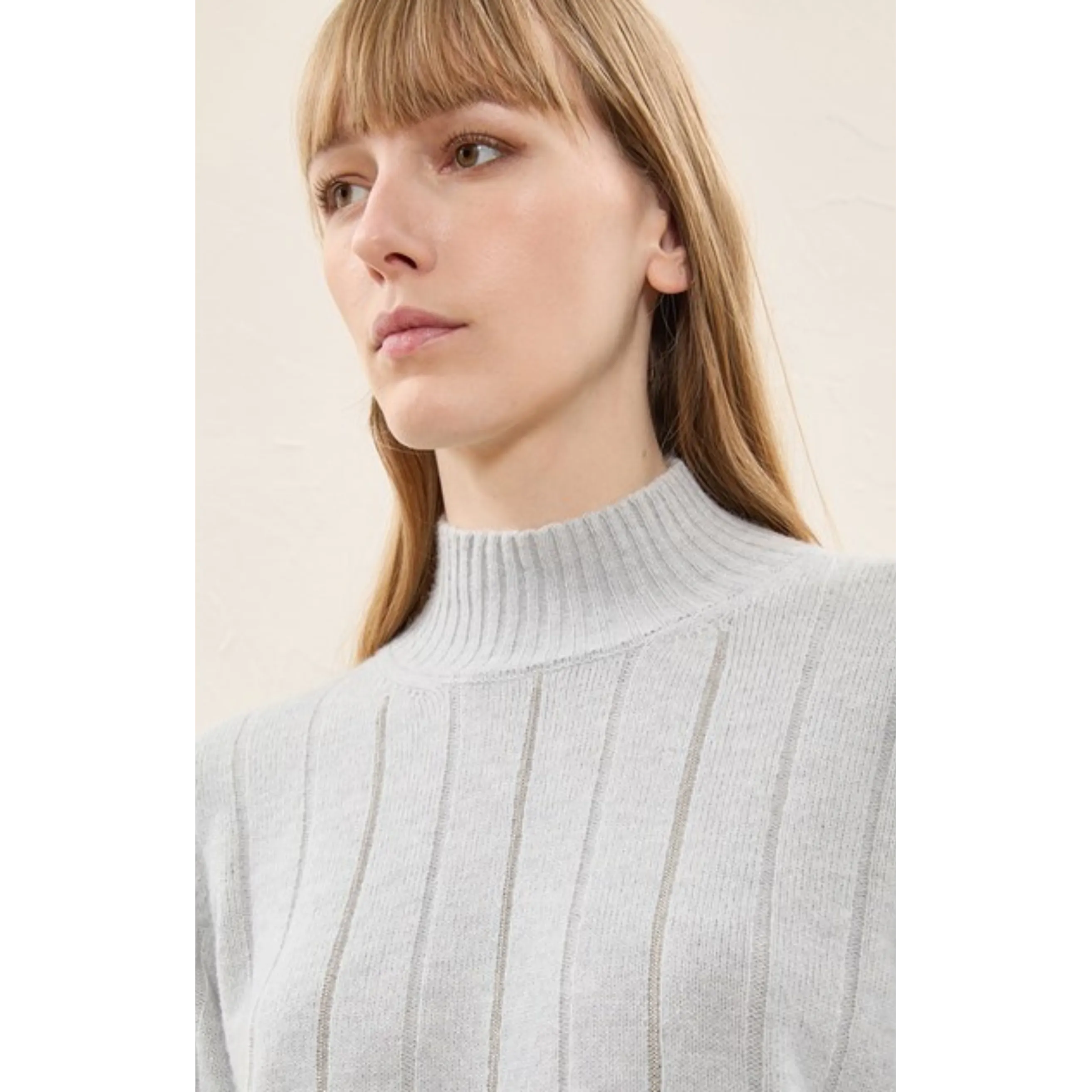 Mock Neck Striped Embellished Sweater - Grey