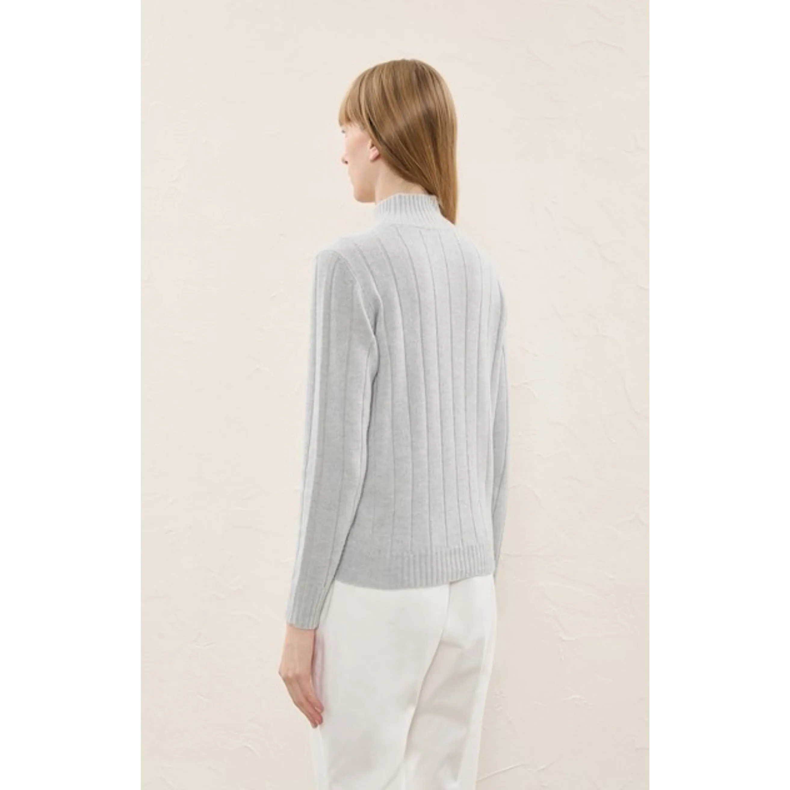 Mock Neck Striped Embellished Sweater - Grey