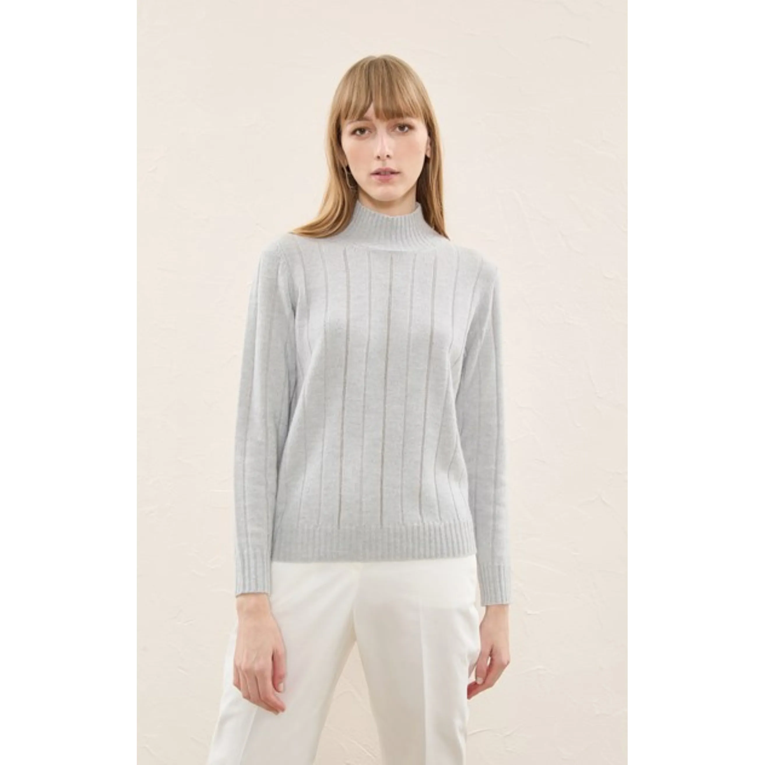 Mock Neck Striped Embellished Sweater - Grey