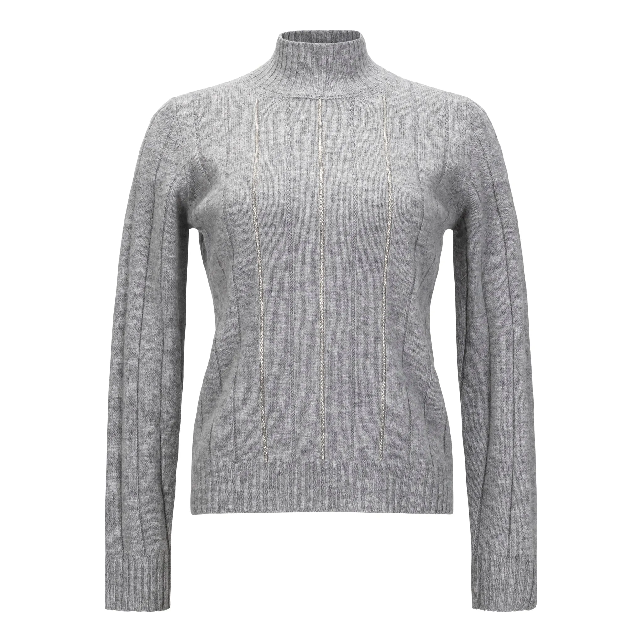 Mock Neck Striped Embellished Sweater - Grey