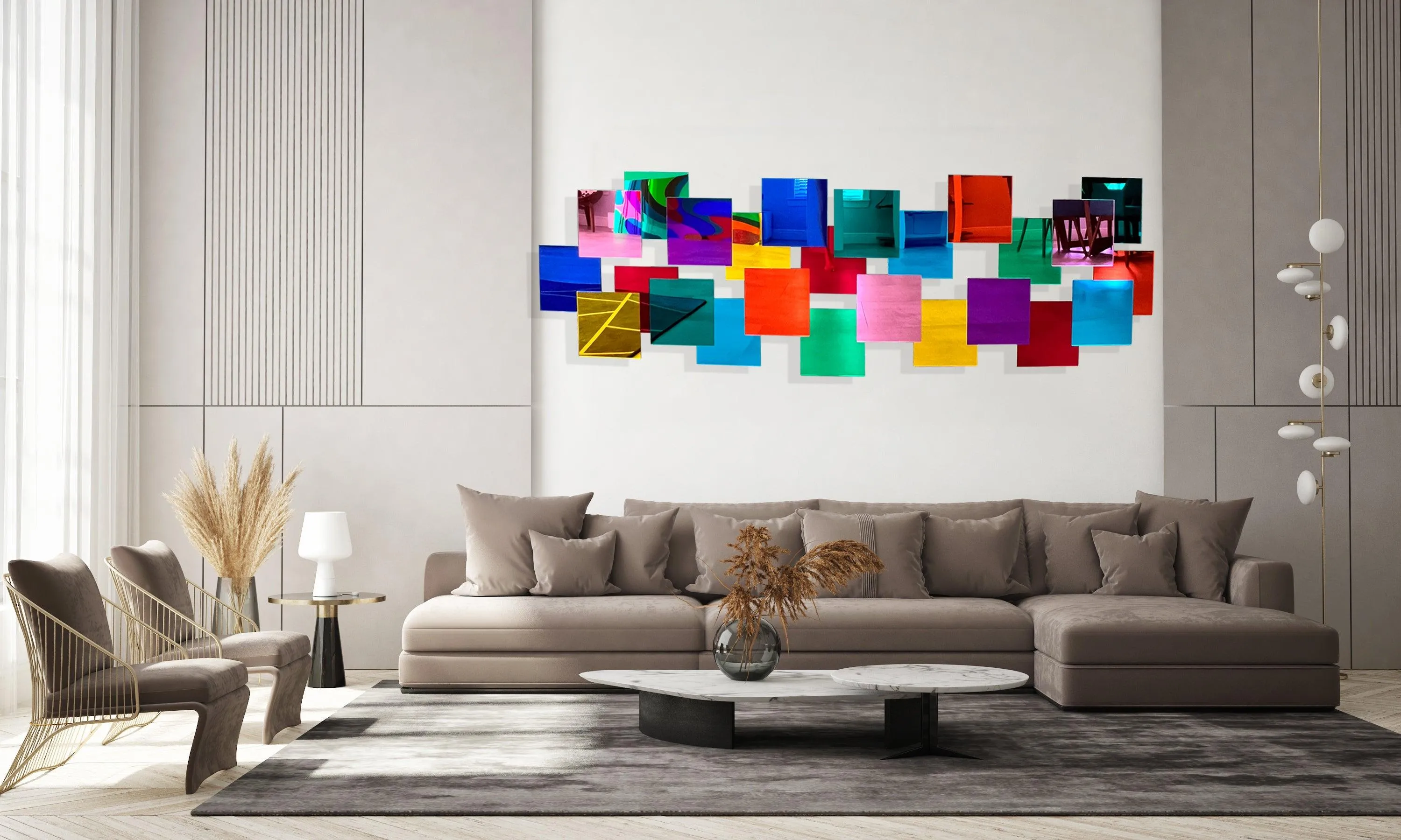 Multicolor Squares Mirrored Geometric Wall Art 3D