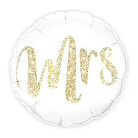 Mylar Foil Helium Balloon - White With Gold Mrs. Glitter