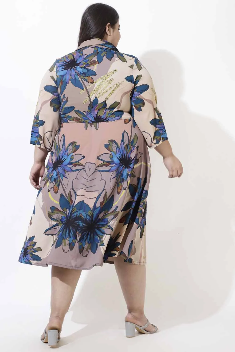 Plus Size Beige Floral Crepe Shirt Dress