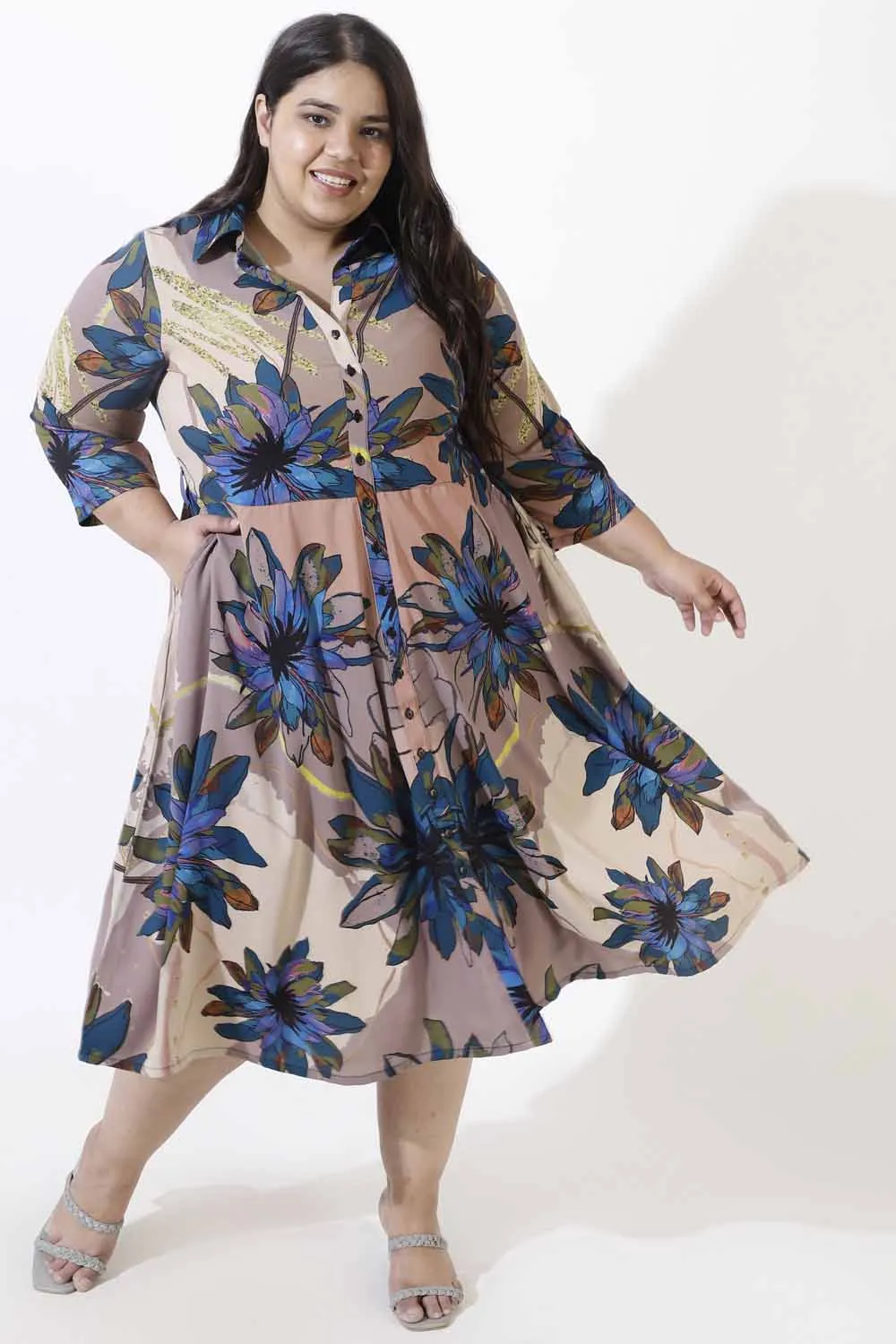 Plus Size Beige Floral Crepe Shirt Dress