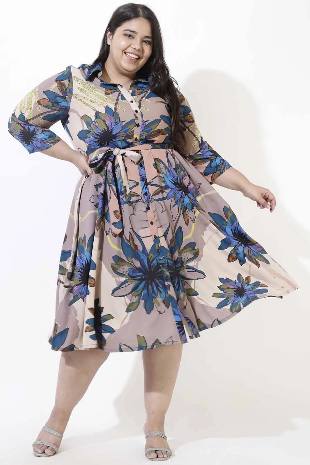 Plus Size Beige Floral Crepe Shirt Dress