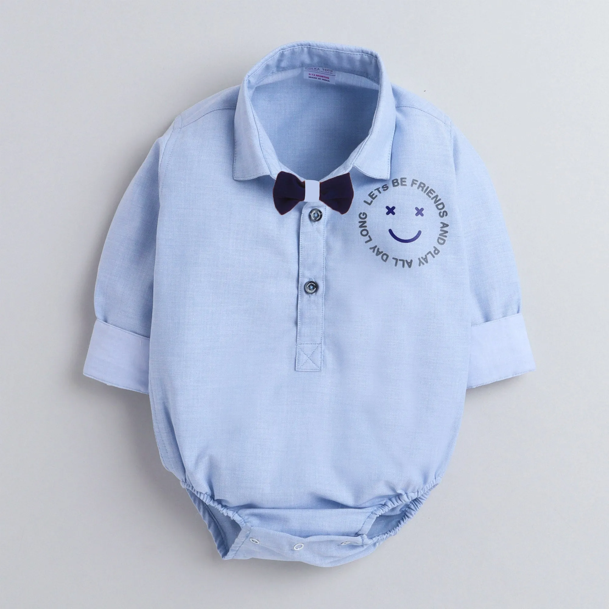 Polka Tots Full Sleeve Smile print Onesie with bow tie  - Blue