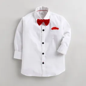 Polka Tots Full Sleeves Car Patch Detailing Shirt With Bow Tie - White