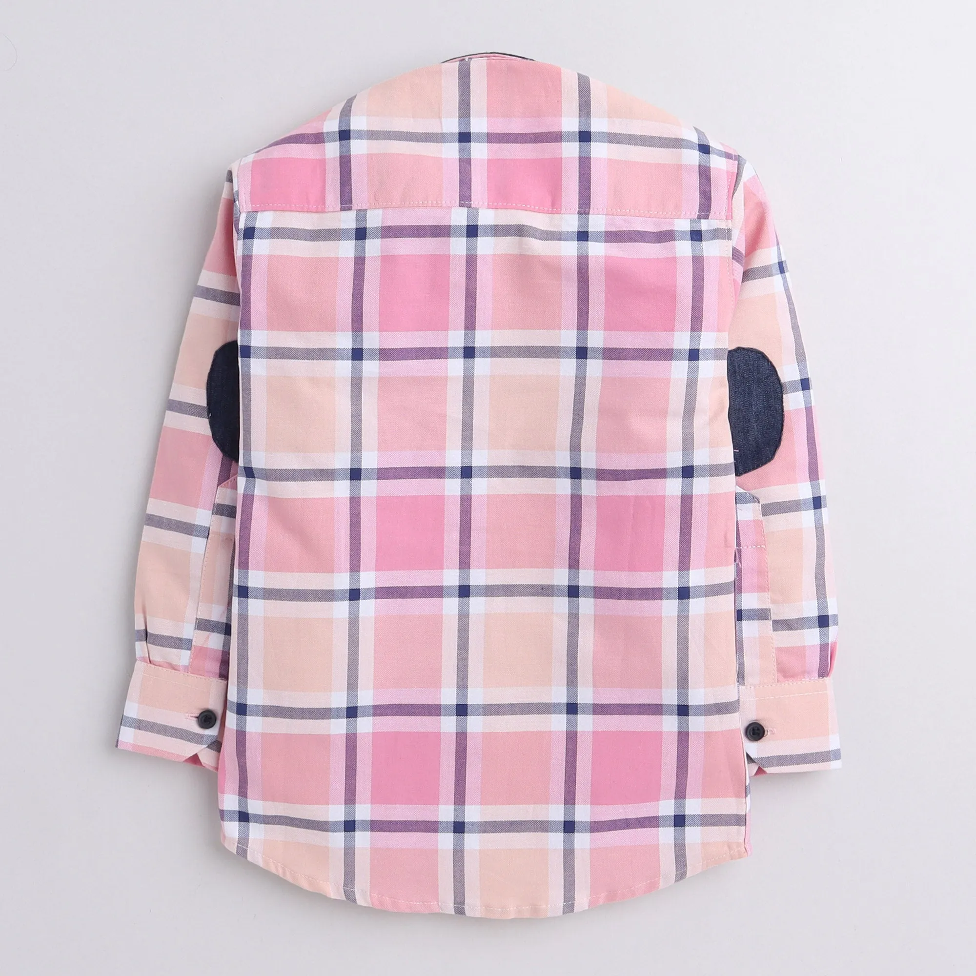 Polka Tots full sleeves checks shirt with  denim collar denim elbow patch  - Pink