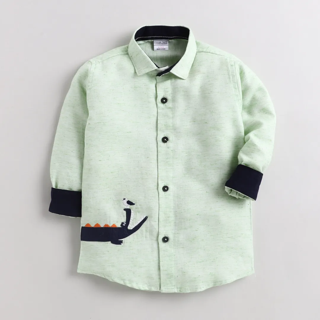 Polka Tots Full Sleeves Crocodile Patch Detailing Shirt - Green