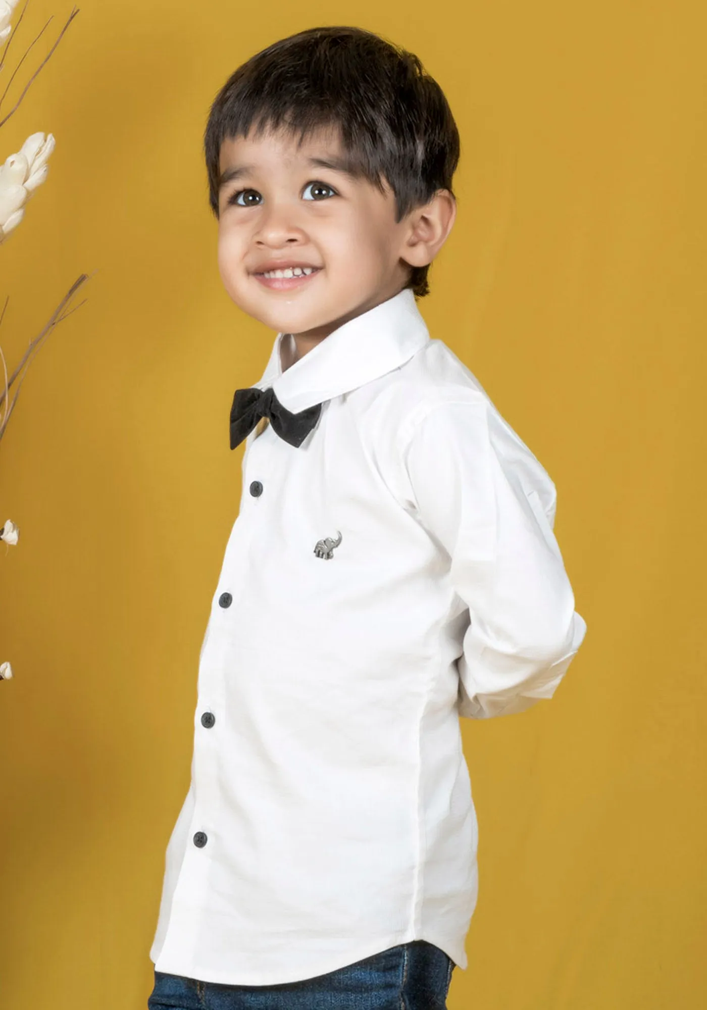 Polka Tots Full Sleeves Solid Shirt With Bow Tie - White