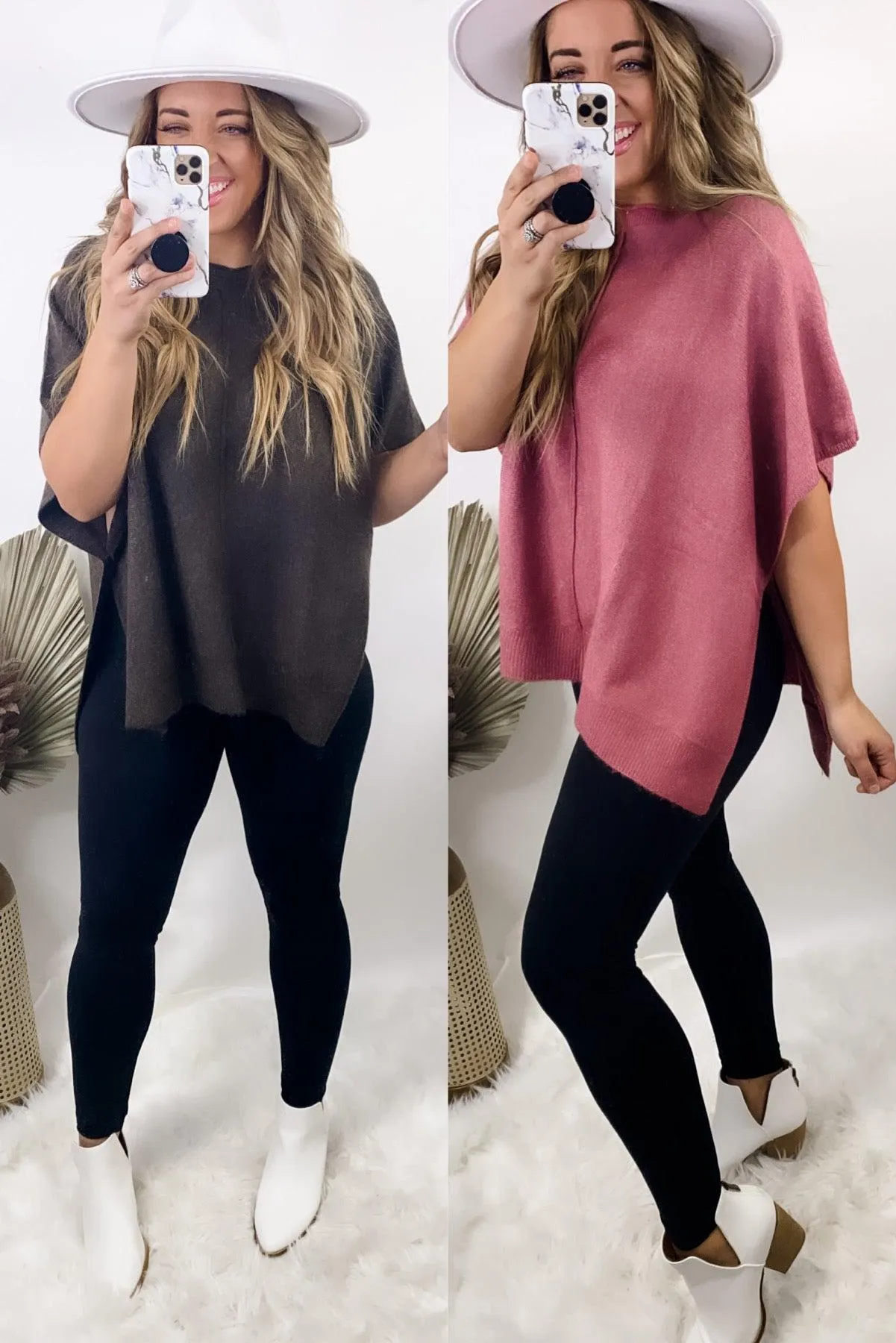 Poncho Average Chick- {Mauve & Brown} Round Neck Poncho Sweater