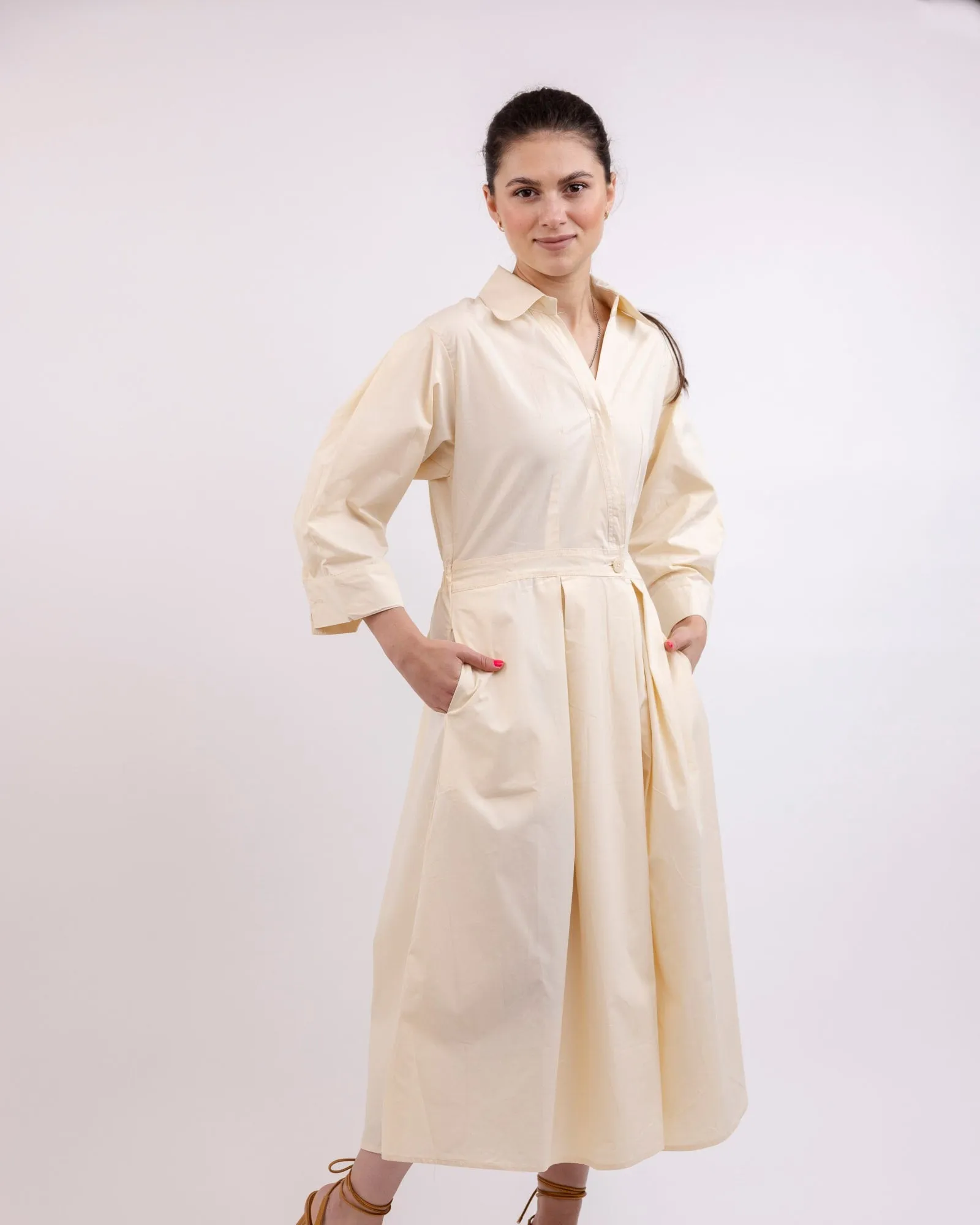 "Mila" Cotton Blend Beige Midi Dress | Beige