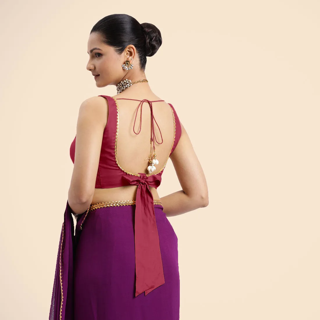 Raisa x Tyohaar | Rani Pink Sleeveless FlexiFit™ Saree Blouse with V Neckline with Golden Gota Lace Embellishment and Back Cut-out with Tie-Up