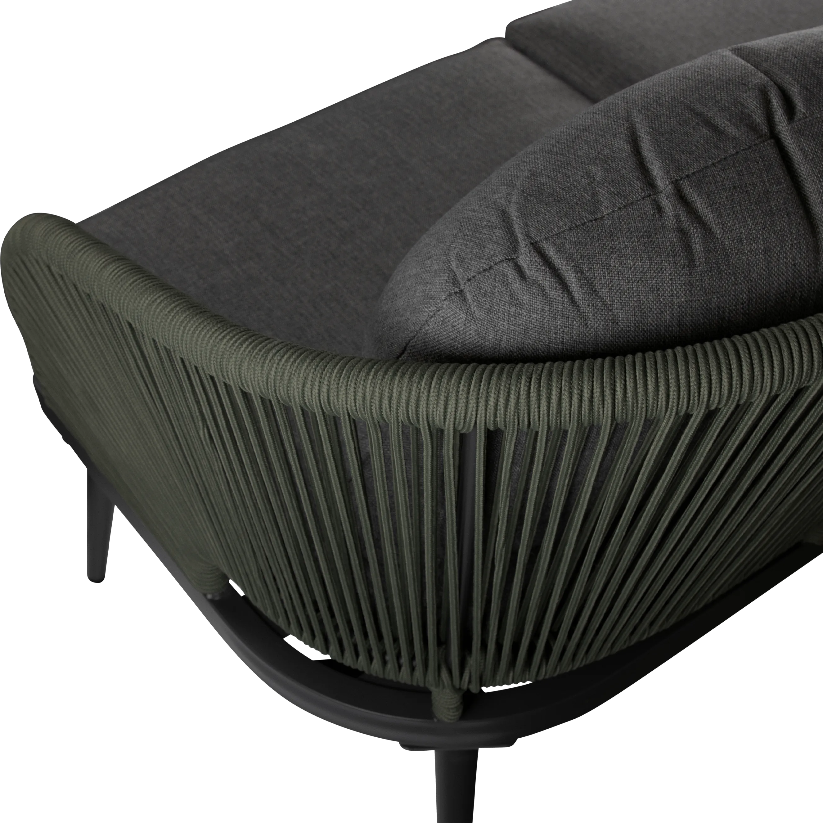 Santa Monica 3 Seater with Soft Ash Olefin Cushions, Bonsai Olefin Rope and Gunmetal Aluminium Frame