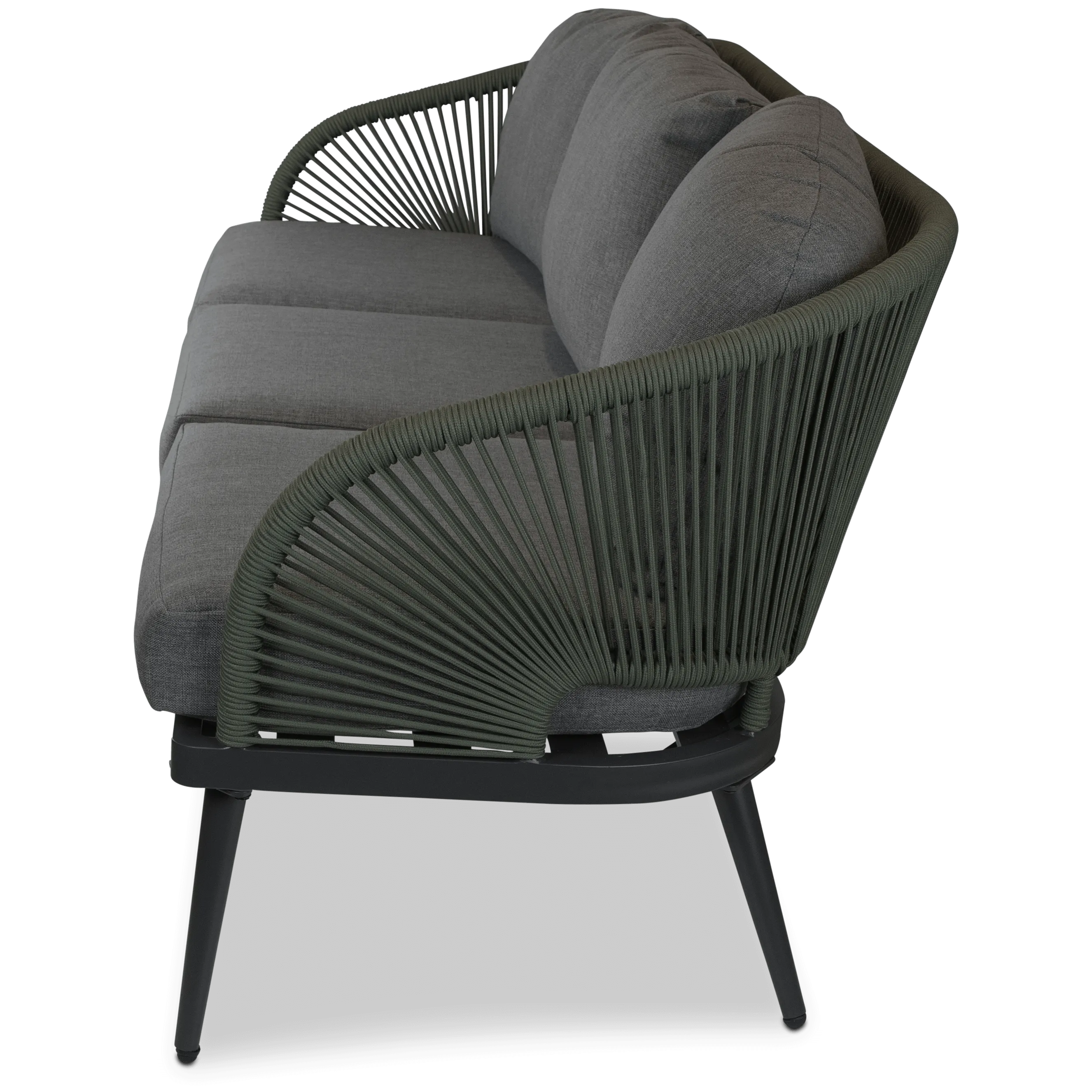 Santa Monica 3 Seater with Soft Ash Olefin Cushions, Bonsai Olefin Rope and Gunmetal Aluminium Frame