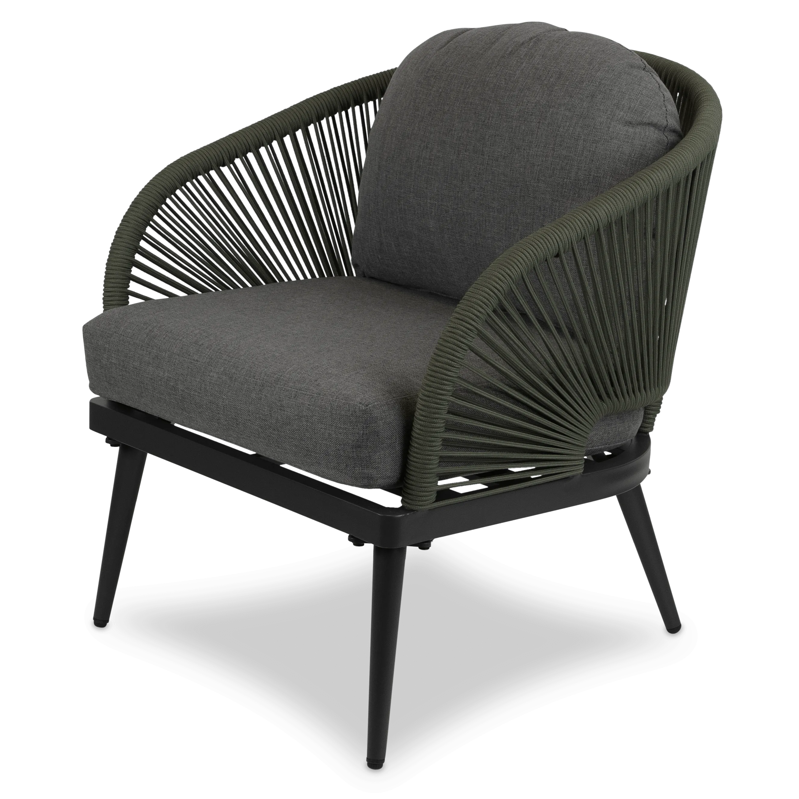 Santa Monica Armchair with Soft Ash Olefin Cushions, Bonsai Olefin Rope and Gunmetal Aluminium Frame