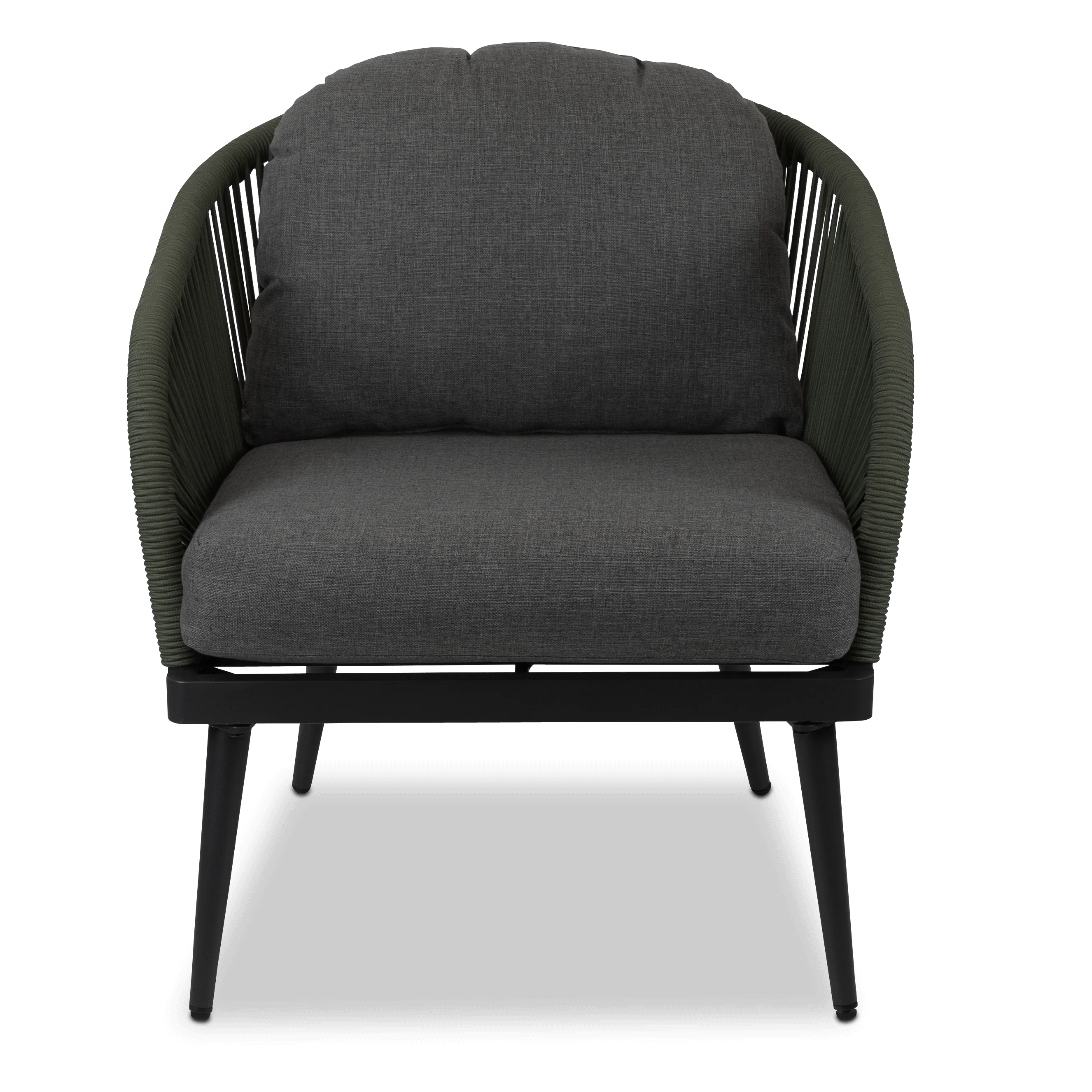 Santa Monica Armchair with Soft Ash Olefin Cushions, Bonsai Olefin Rope and Gunmetal Aluminium Frame